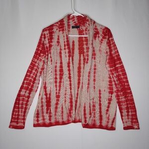 Cyrus Womens Tie Dye Cardigan Sweater Large Red‎ Beige Open Front Stretch Knit